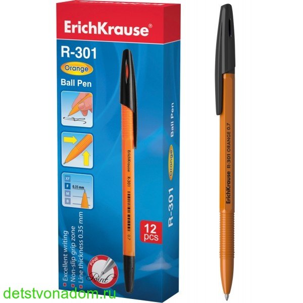 Ручка шариковая Erich Krause, "R-301", корпус оранжевый, толщ. письма 0,7 мм., чёрная